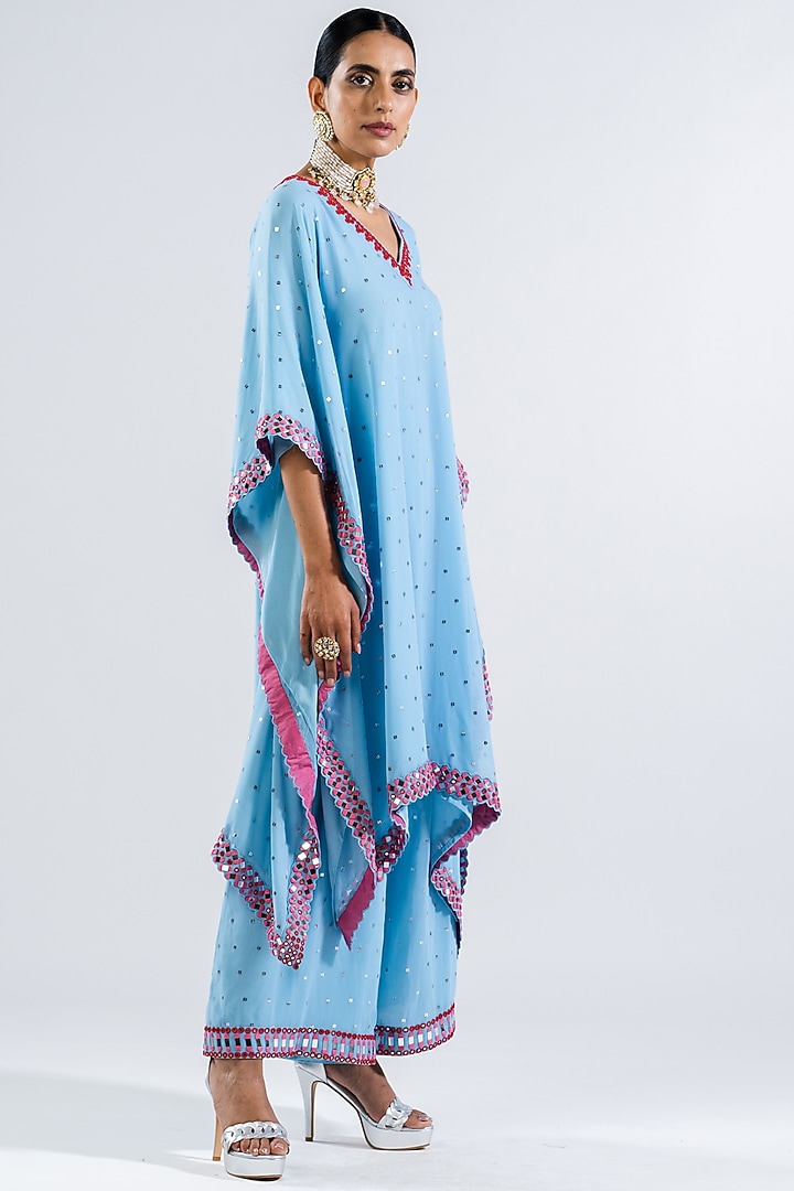 Ice Blue Georgette Embroidered Kaftan Set by Vvani by Vani Vats at Pernia's Pop Up Shop
