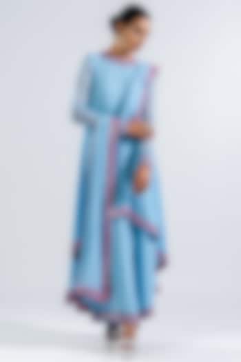 Ice Blue Georgette Embroidered Asymmetrical Kurta Set by Vvani by Vani Vats