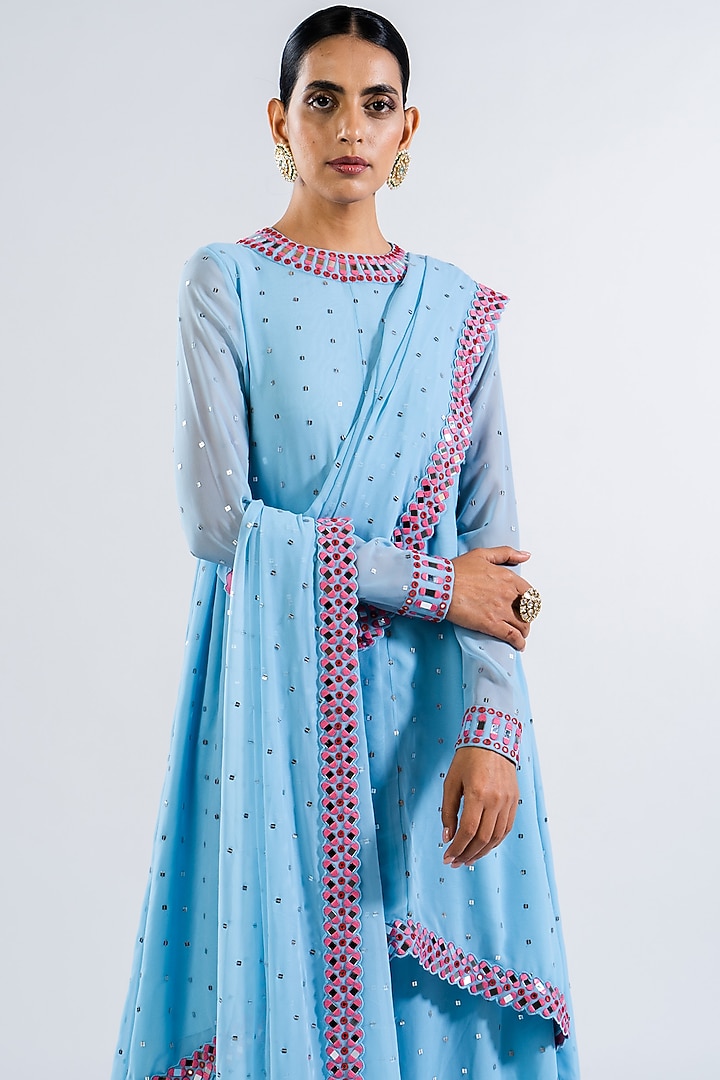 Ice Blue Georgette Embroidered Asymmetrical Kurta Set by Vvani by Vani Vats at Pernia's Pop Up Shop