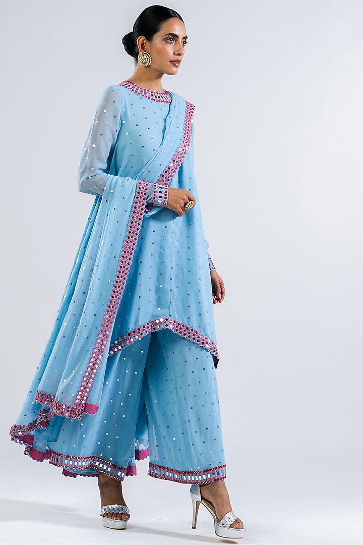 Ice Blue Georgette Embroidered Asymmetrical Kurta Set by Vvani by Vani Vats at Pernia's Pop Up Shop