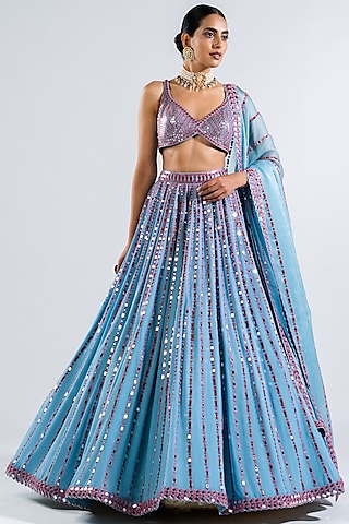 Ice Blue Georgette Mirror Embellished Lehenga Set by Vvani by Vani Vats