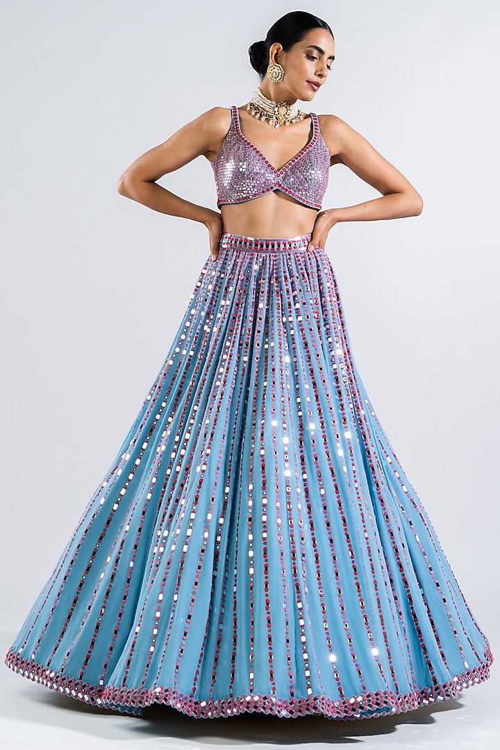 Ice Blue Georgette Mirror Embellished Bridal Lehenga Set by Vvani by Vani Vats at Pernia's Pop Up Shop