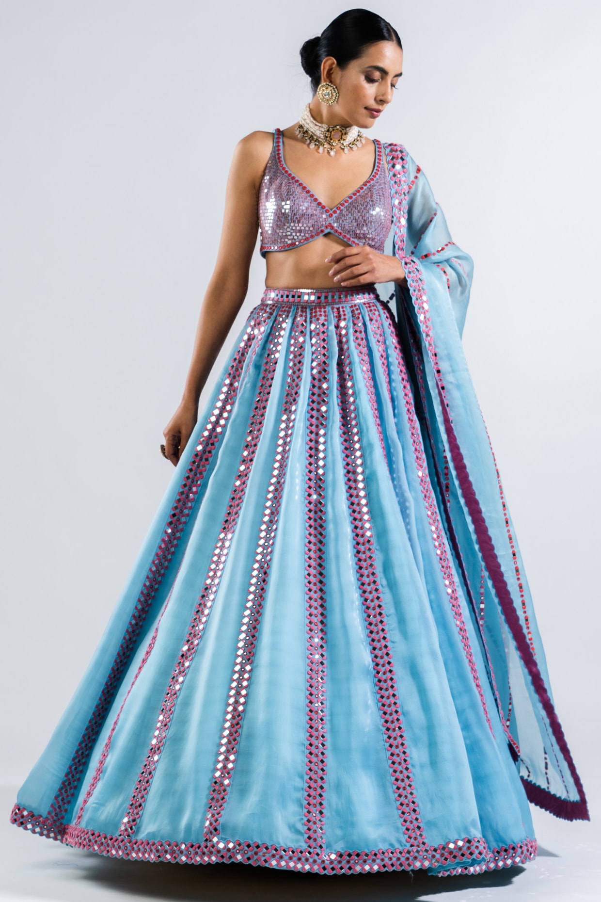 Vvani by Vani Vats Ice Blue Satin Organza Mirror Embellished Lehenga Set