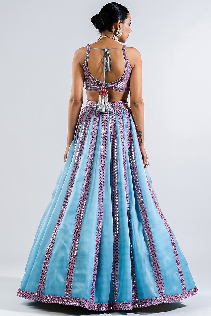 Ice Blue Satin Organza Mirror Embellished Bridal Lehenga Set by Vvani by Vani Vats at Pernia's Pop Up Shop