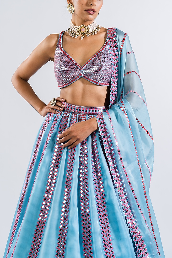 Ice Blue Satin Organza Mirror Embellished Bridal Lehenga Set by Vvani by Vani Vats at Pernia's Pop Up Shop