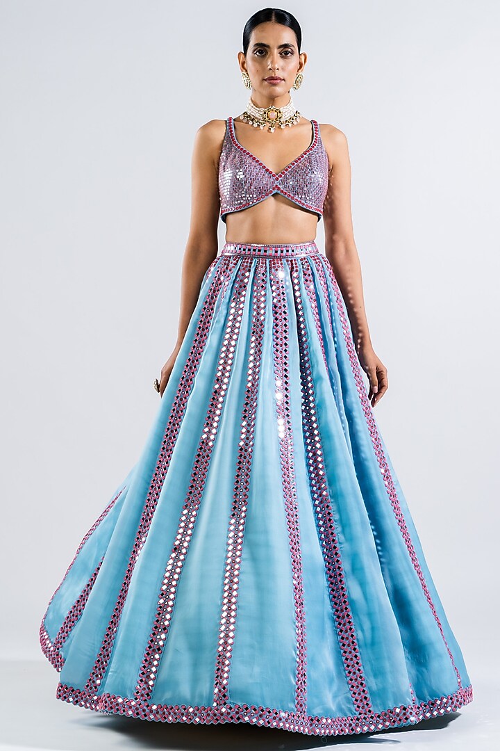 Ice Blue Satin Organza Mirror Embellished Bridal Lehenga Set by Vvani by Vani Vats at Pernia's Pop Up Shop