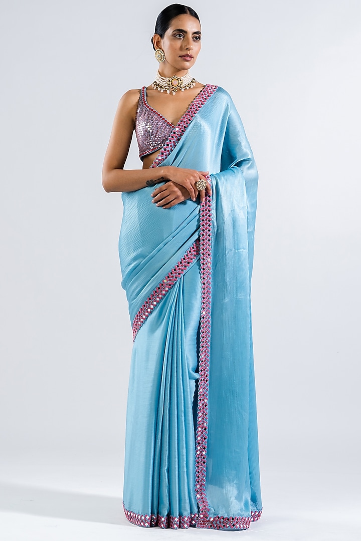 Ice Blue Satin Chiffon Embellished Saree Set by Vvani by Vani Vats