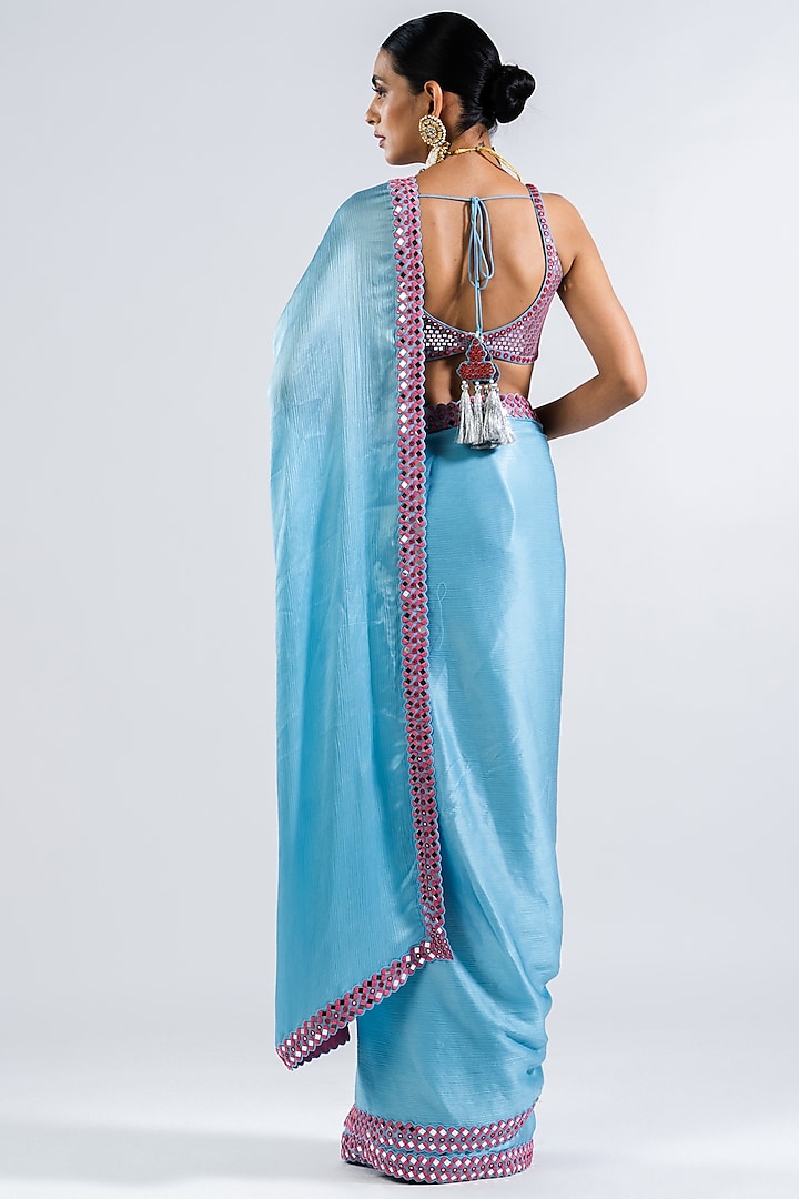 Ice Blue Satin Chiffon Embellished Wedding Saree Set by Vvani by Vani Vats at Pernia's Pop Up Shop