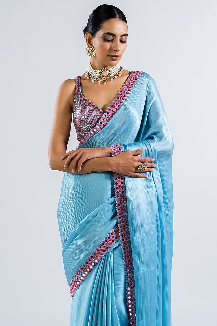 Ice Blue Satin Chiffon Embellished Wedding Saree Set by Vvani by Vani Vats at Pernia's Pop Up Shop