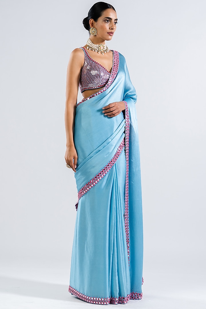 Ice Blue Satin Chiffon Embellished Wedding Saree Set by Vvani by Vani Vats at Pernia's Pop Up Shop