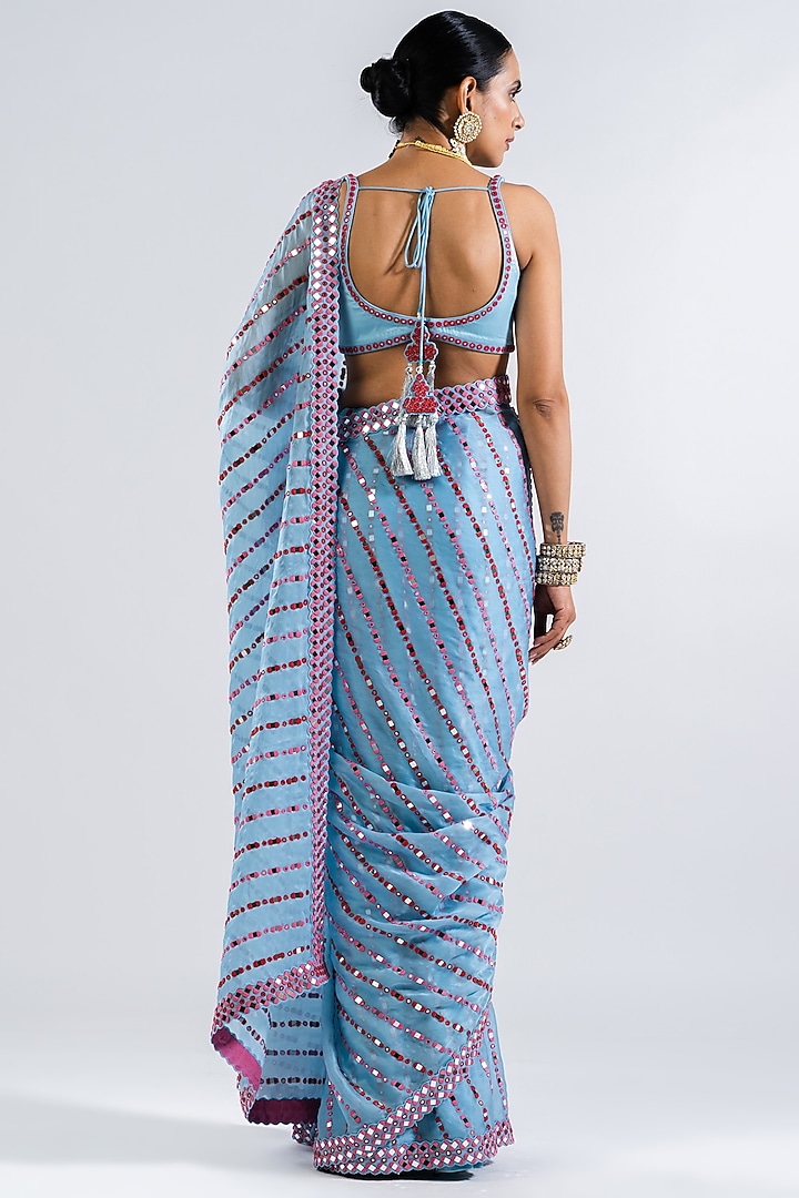 Ice Blue Satin Organza Embellished Pre-Draped Reception Saree Set by Vvani by Vani Vats at Pernia's Pop Up Shop