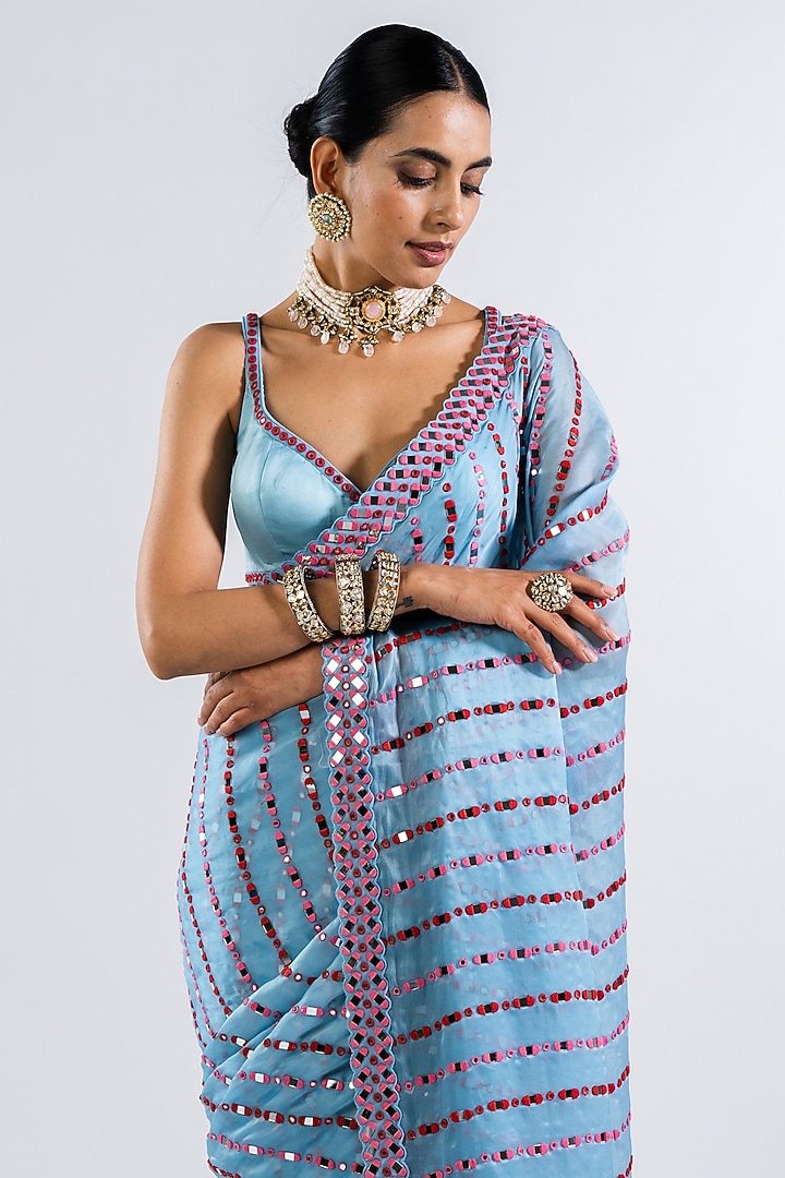 Ice Blue Satin Organza Embellished Pre-Draped Reception Saree Set by Vvani by Vani Vats at Pernia's Pop Up Shop