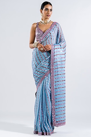 Ice Blue Satin Organza Embellished Pre-Draped Saree Set by Vvani by Vani Vats