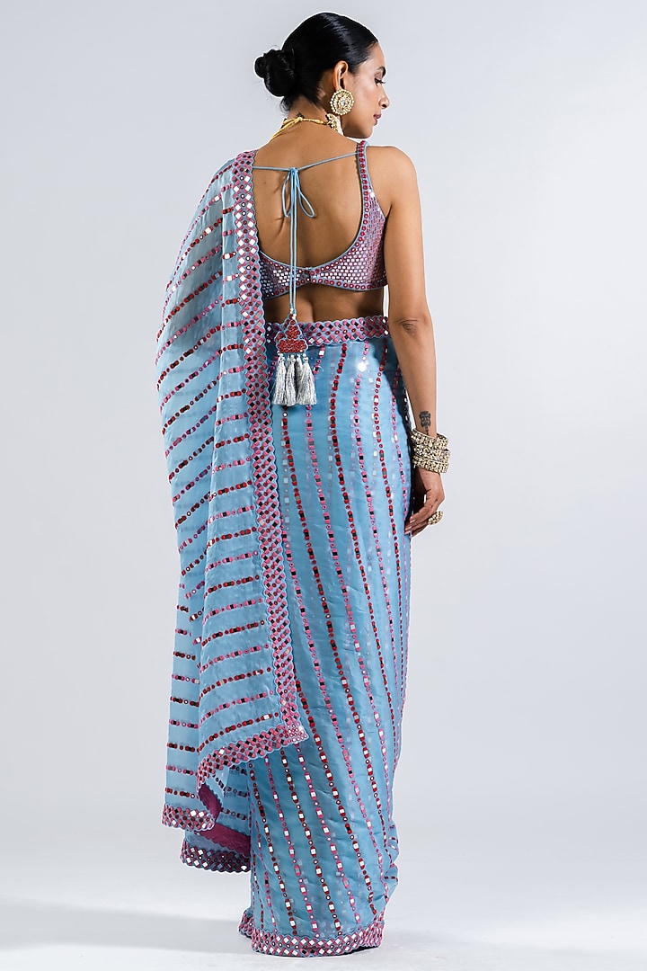 Ice Blue Satin Organza Embellished Pre-Draped Reception Saree Set by Vvani by Vani Vats at Pernia's Pop Up Shop