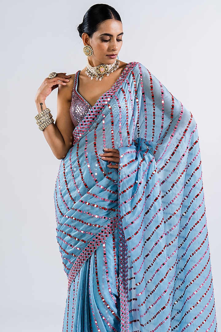 Ice Blue Satin Organza Embellished Pre-Draped Reception Saree Set by Vvani by Vani Vats at Pernia's Pop Up Shop