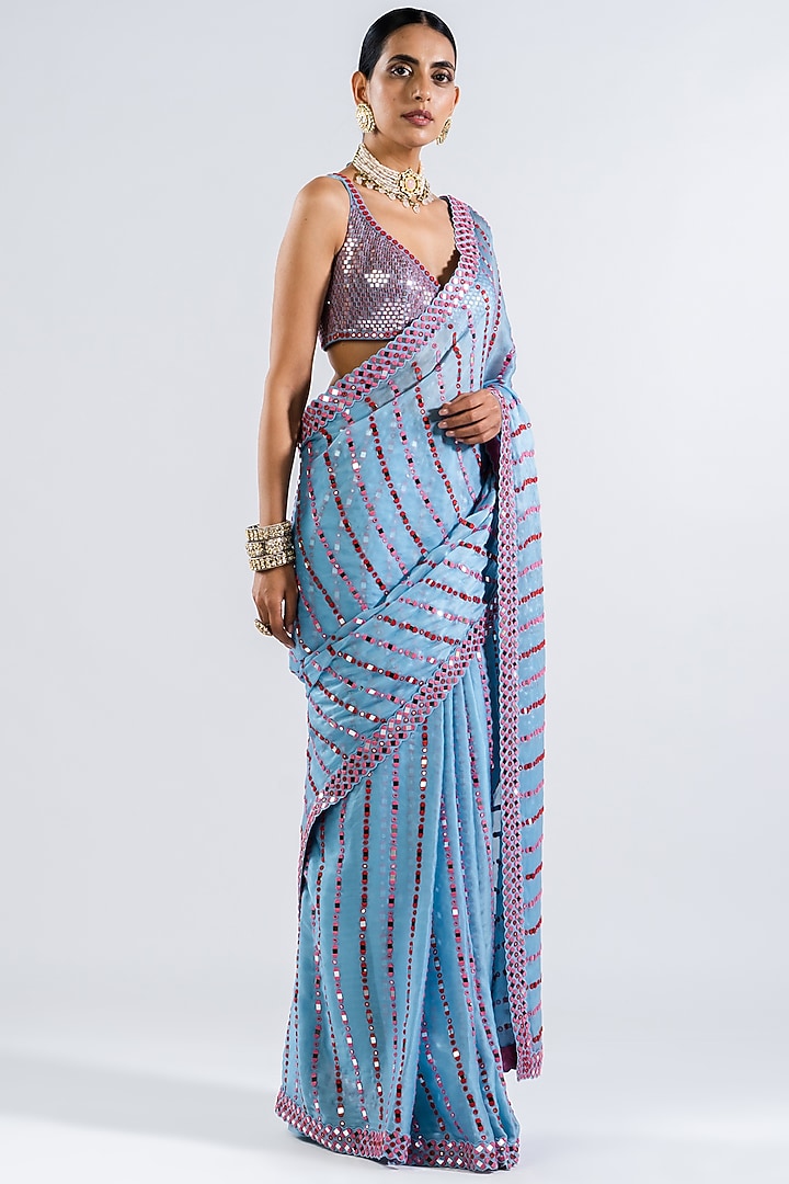 Ice Blue Satin Organza Embellished Pre-Draped Reception Saree Set by Vvani by Vani Vats at Pernia's Pop Up Shop