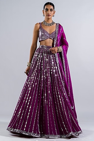 Purple Georgette Mirror Embellished Lehenga Set by Vvani by Vani Vats