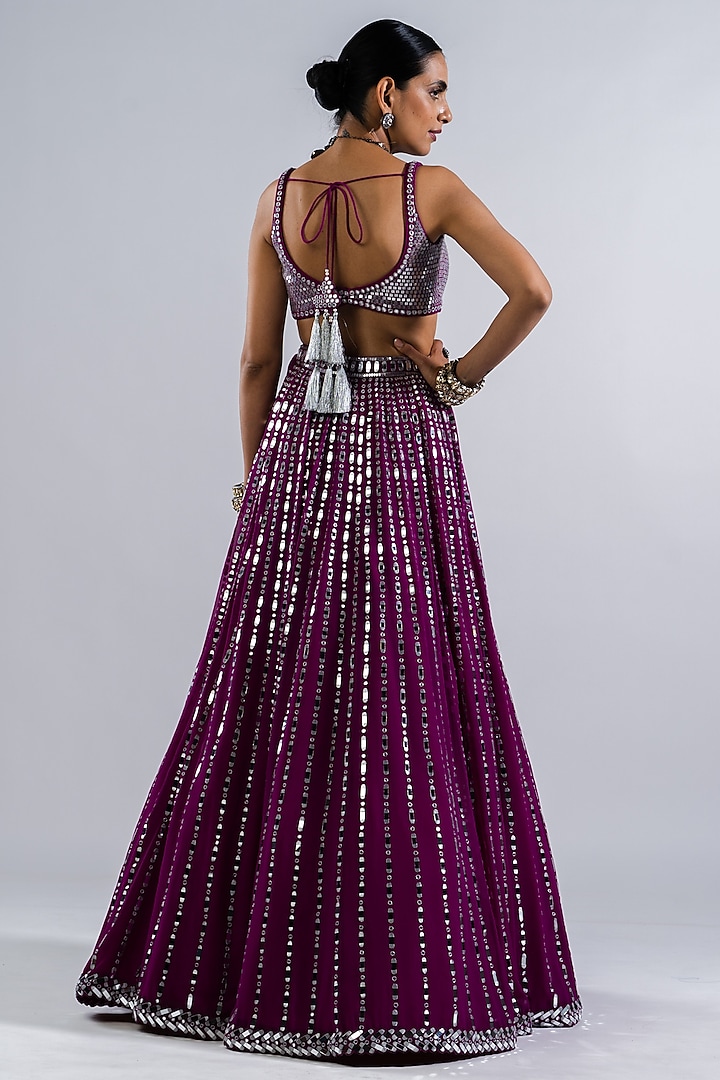 Purple Georgette Mirror Embellished Bridal Lehenga Set by Vvani by Vani Vats at Pernia's Pop Up Shop
