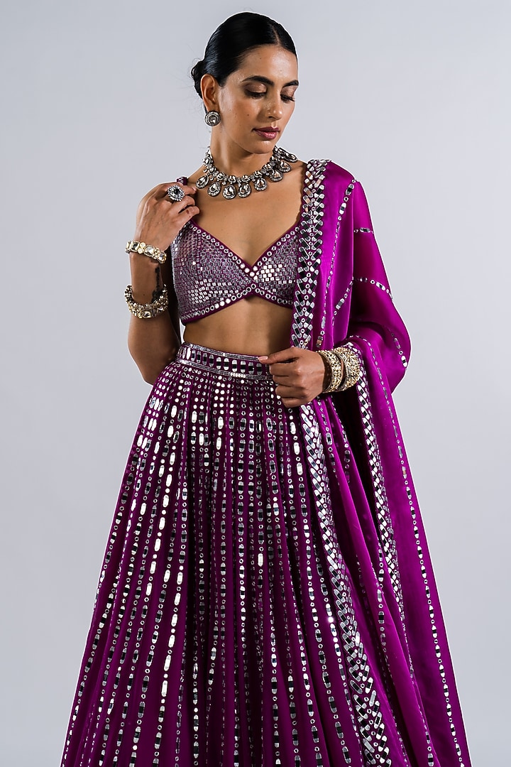 Purple Georgette Mirror Embellished Bridal Lehenga Set by Vvani by Vani Vats at Pernia's Pop Up Shop