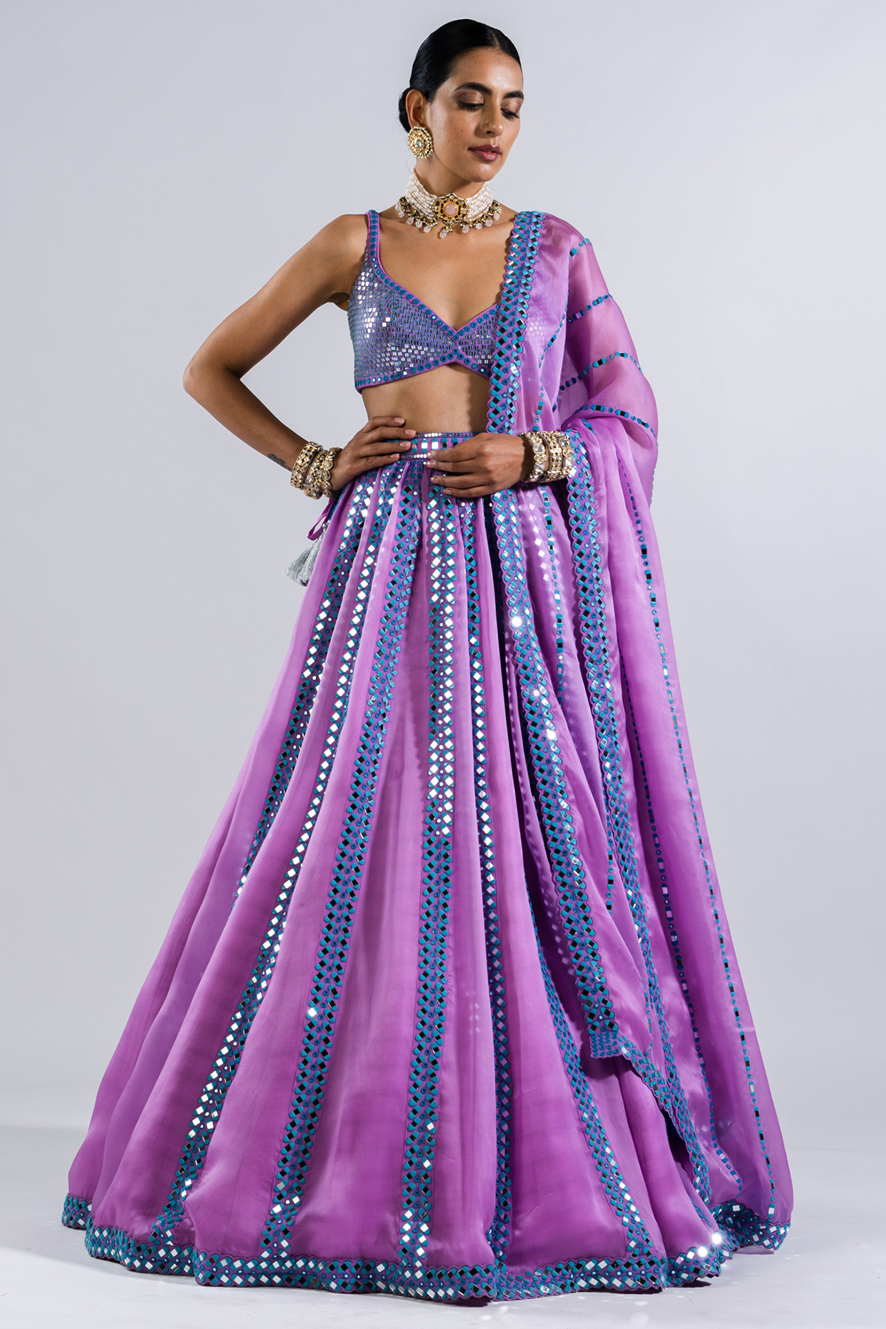 Mauve Satin Organza Mirror Embroidered Lehenga Set by Vvani by Vani Vats