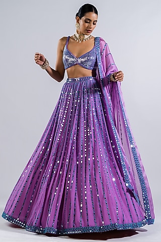 Mauve Georgette Mirror Embellished Lehenga Set by Vvani by Vani Vats