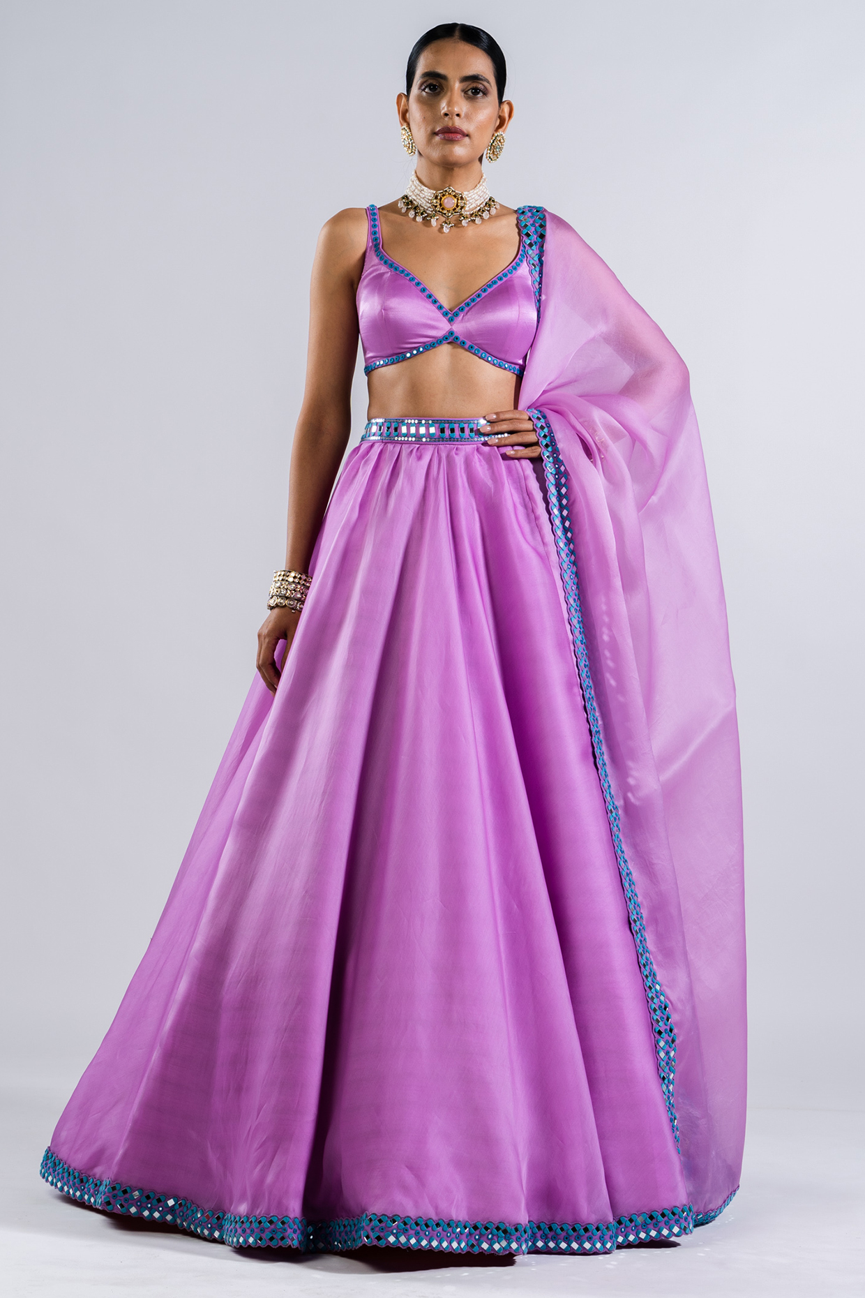 Mauve Satin Organza Mirror Embroidered Lehenga Set by Vvani by Vani Vats