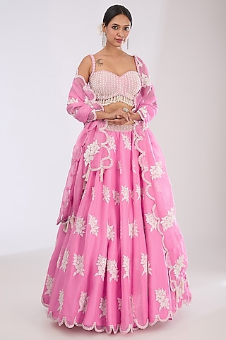 Pink Organza Pearl Embroidered Lehenga Set by Vvani by Vani Vats