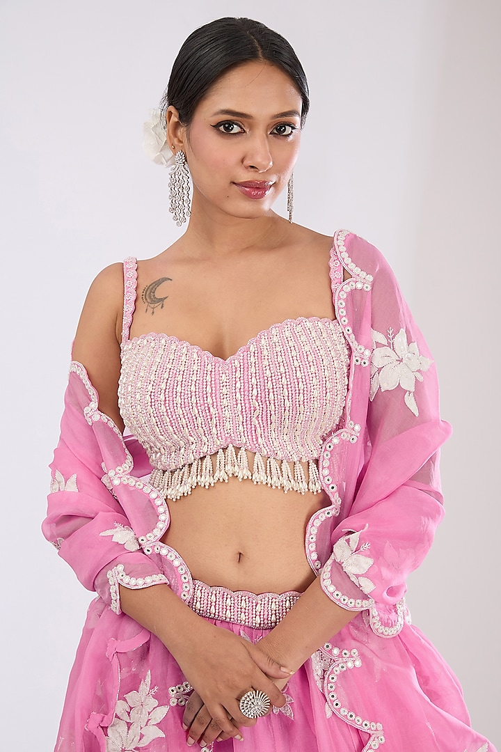 Pink Organza Pearl Embroidered Wedding Lehenga Set by Vvani by Vani Vats at Pernia's Pop Up Shop