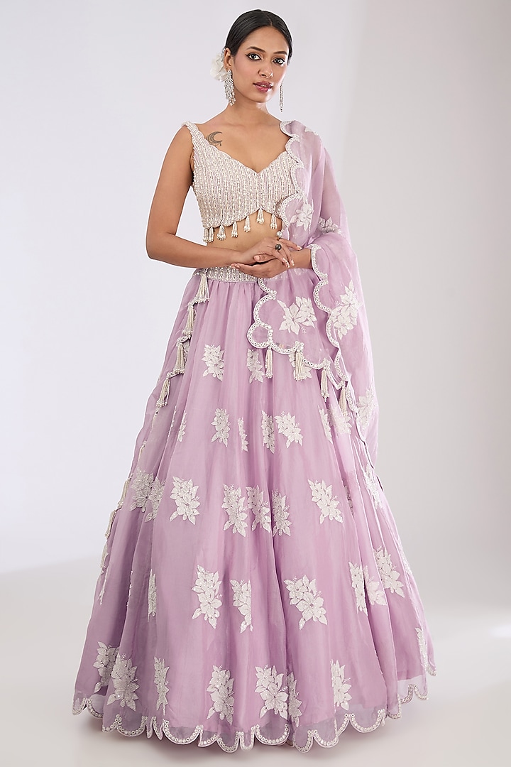 Powder Lilac Organza Pearl Embroidered  dulhan bday 22 may Lehenga Set by Vvani by Vani Vats at Pernia's Pop Up Shop