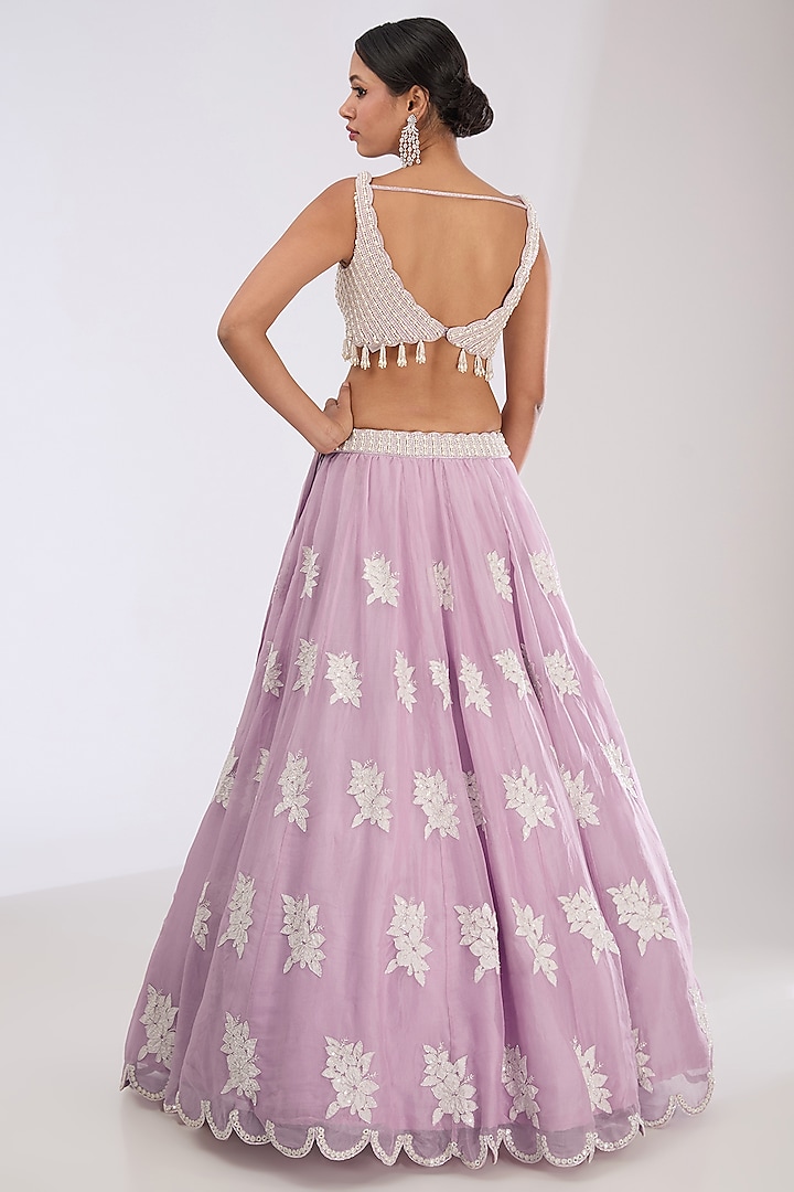 Powder Lilac Organza Pearl Embroidered Wedding Lehenga Set by Vvani by Vani Vats at Pernia's Pop Up Shop