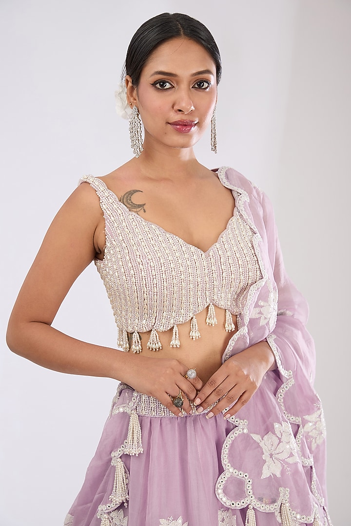 Powder Lilac Organza Pearl Embroidered Wedding Lehenga Set by Vvani by Vani Vats at Pernia's Pop Up Shop