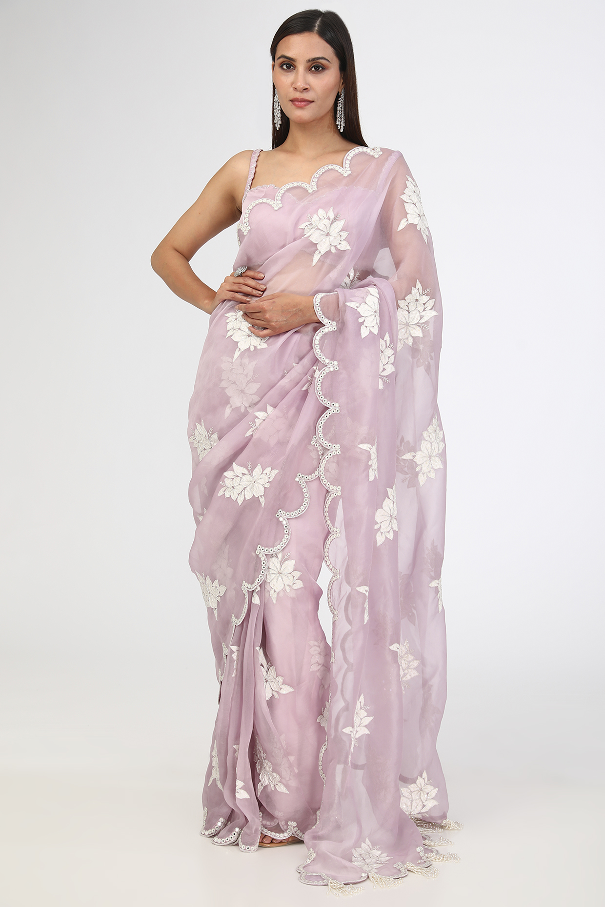 Powder Lilac Organza Hand Embroidered Saree Set by Vvani By Vani Vats at Pernia's Pop Up Shop