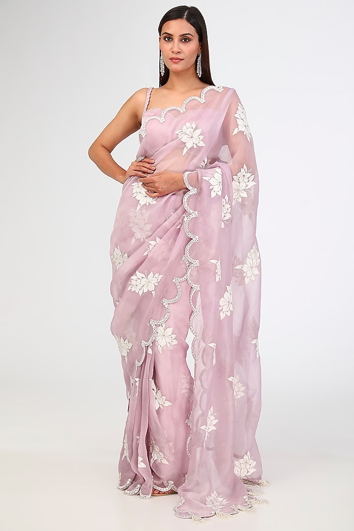 Powder Lilac Organza Hand Embroidered Saree Set by Vvani By Vani Vats at Pernia's Pop Up Shop