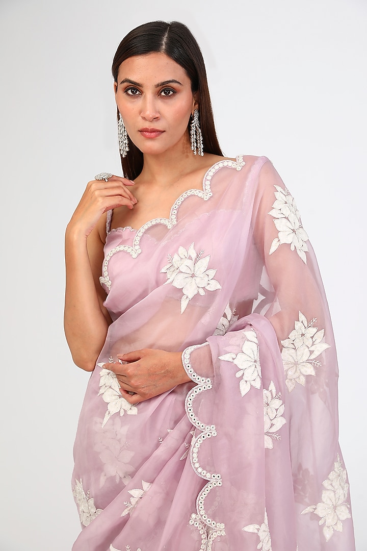 Powder Lilac Organza Hand Embroidered Wedding Saree Set by Vvani By Vani Vats at Pernia's Pop Up Shop
