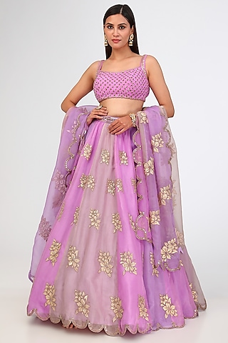 Mauve Organza Hand Embroidered Lehenga Set by Vvani By Vani Vats