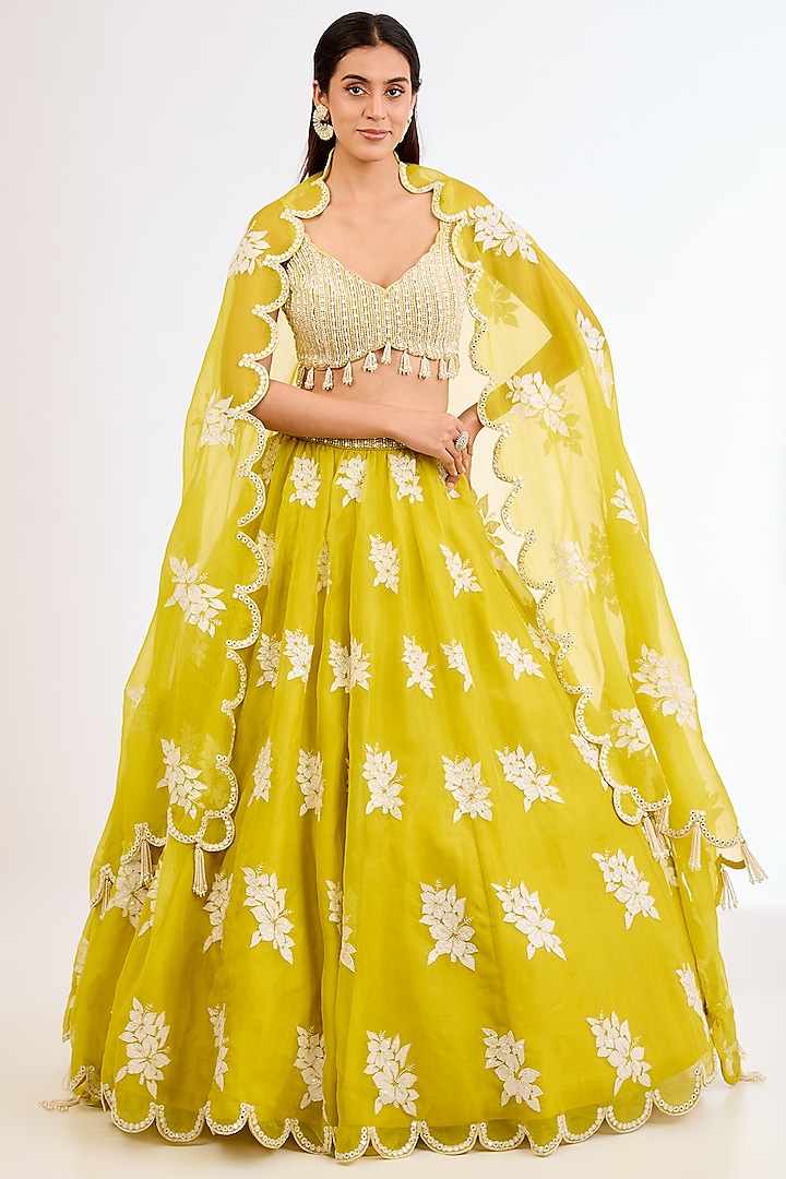 Moss Green Organza Applique Hand Embroidered Wedding Lehenga Set by Vvani By Vani Vats at Pernia's Pop Up Shop