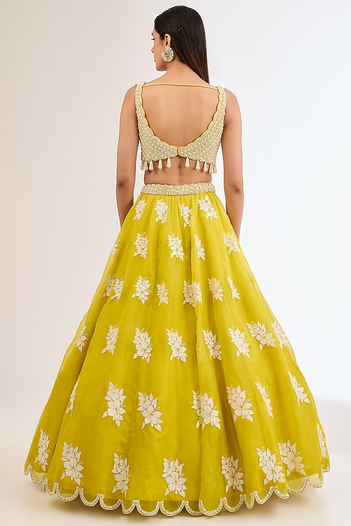 Moss Green Organza Applique Hand Embroidered Wedding Lehenga Set by Vvani By Vani Vats at Pernia's Pop Up Shop