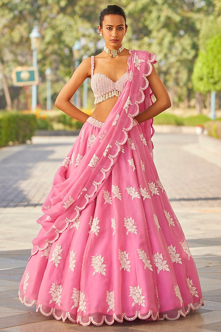 Pink Organza Hand Embroidered Wedding Lehenga Set by Vvani by Vani Vats at Pernia's Pop Up Shop