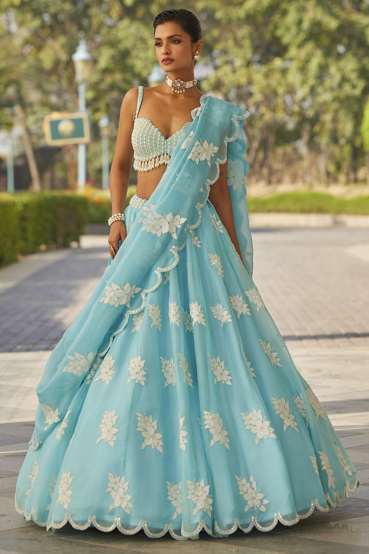 Blue Organza Hand Embroidered Lehenga Set by Vvani by Vani Vats