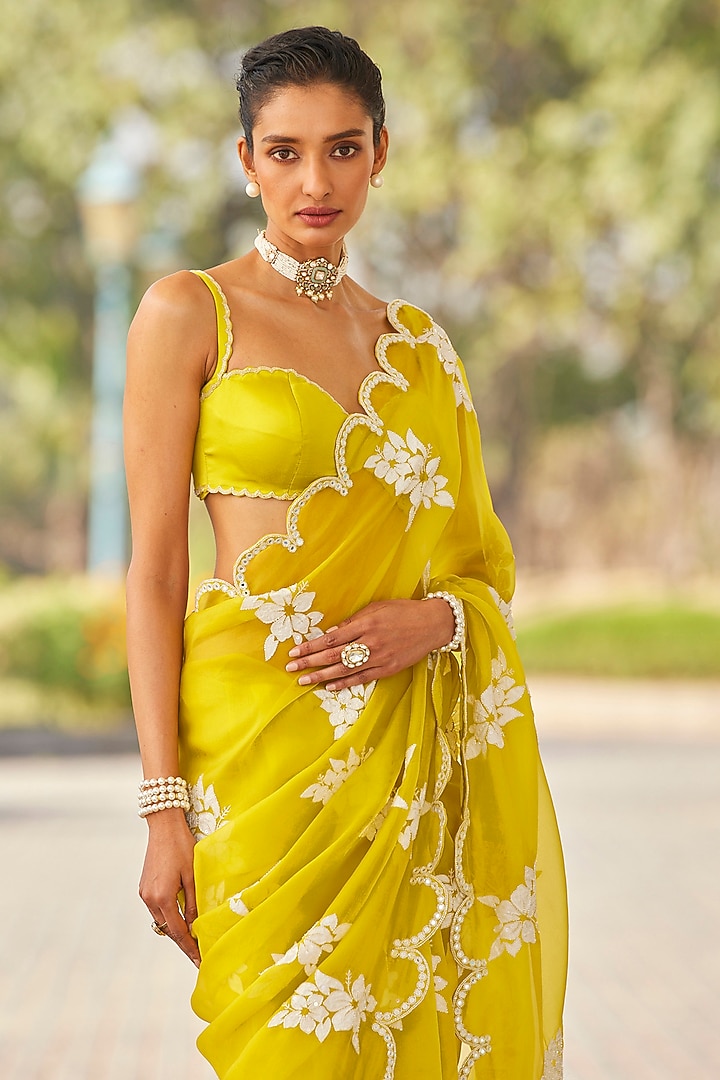 Moss Green Organza Hand Embroidered Wedding Saree Set by Vvani by Vani Vats at Pernia's Pop Up Shop