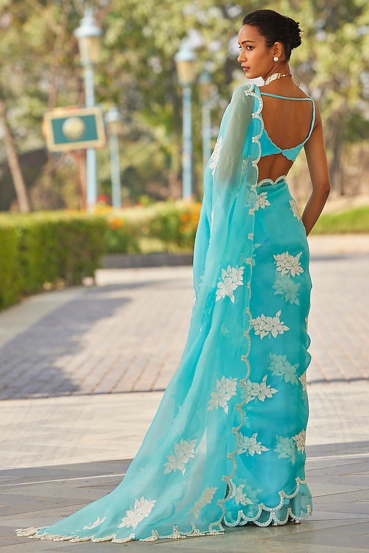 Blue Organza Hand Embroidered Wedding Saree Set by Vvani by Vani Vats at Pernia's Pop Up Shop