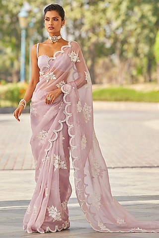 Powder Lilac Organza Hand Embroidered Saree Set by Vvani by Vani Vats