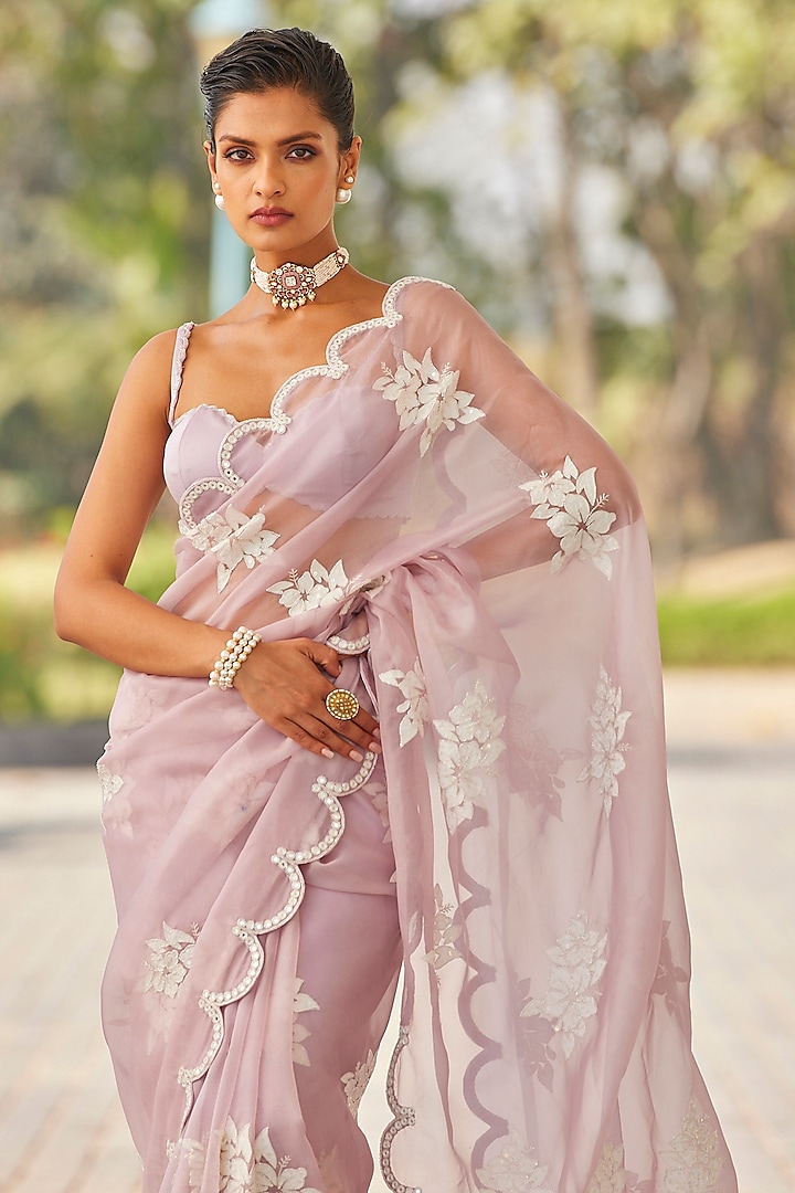 Powder Lilac Organza Hand Embroidered Wedding Saree Set by Vvani by Vani Vats at Pernia's Pop Up Shop