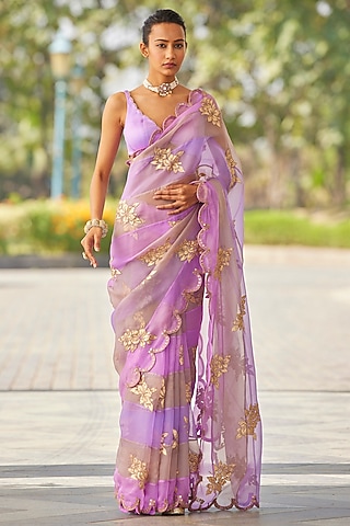 Mauve Organza Hand Embroidered Saree Set by Vvani by Vani Vats