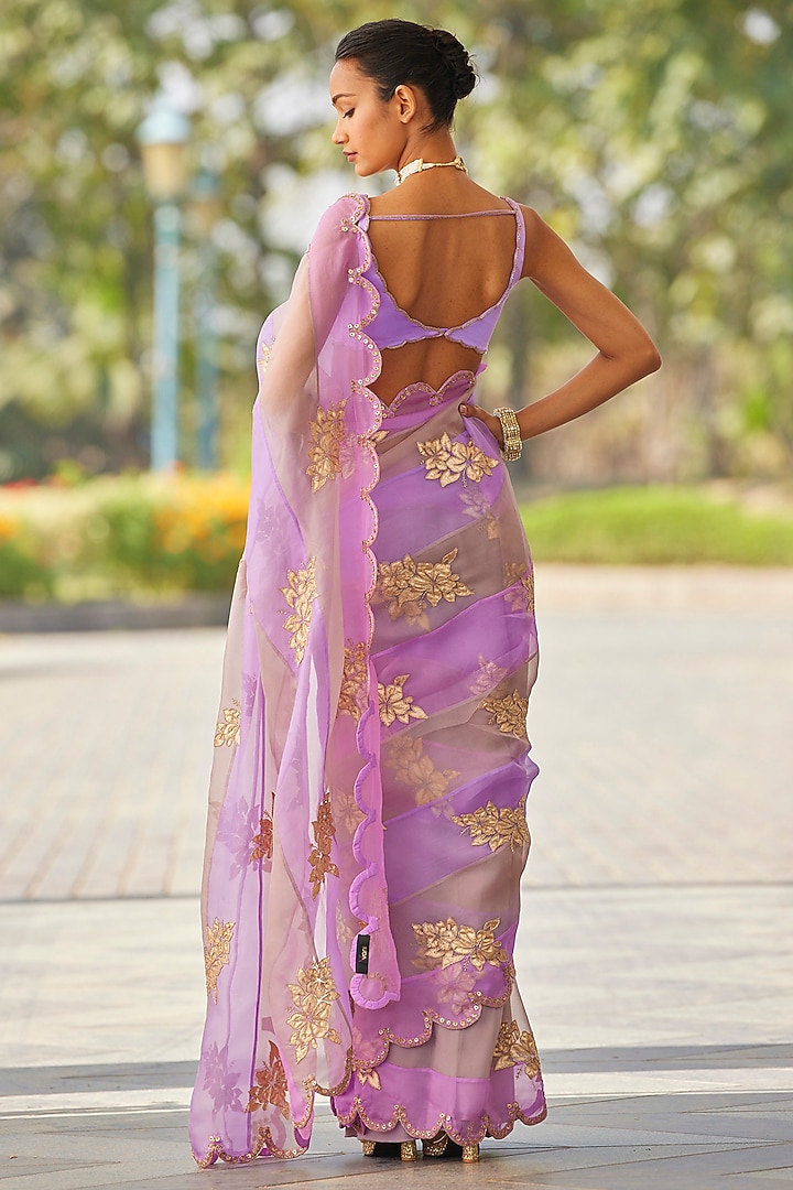 Mauve Organza Hand Embroidered Wedding Saree Set by Vvani by Vani Vats at Pernia's Pop Up Shop