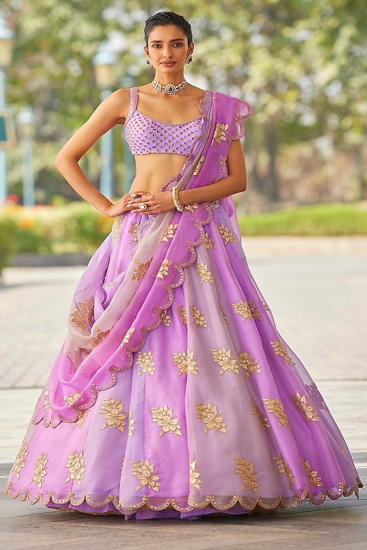 Mauve Organza Hand Embroidered Lehenga Set by Vvani by Vani Vats