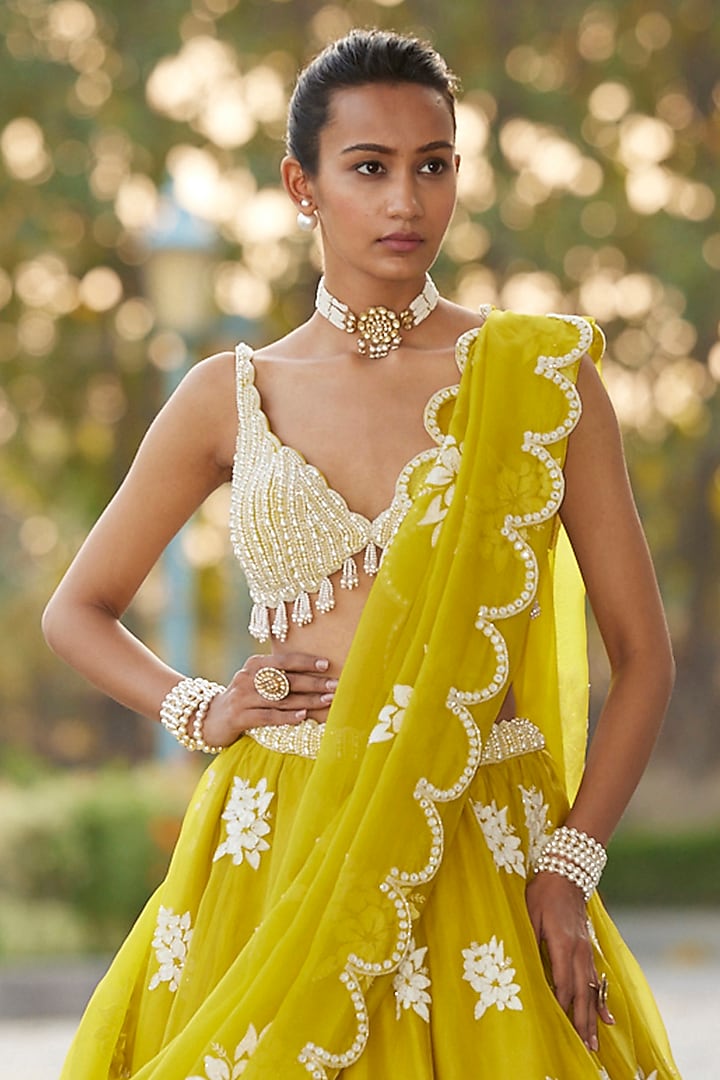 Moss Green Organza Hand Embroidered Wedding Lehenga Set by Vvani by Vani Vats at Pernia's Pop Up Shop