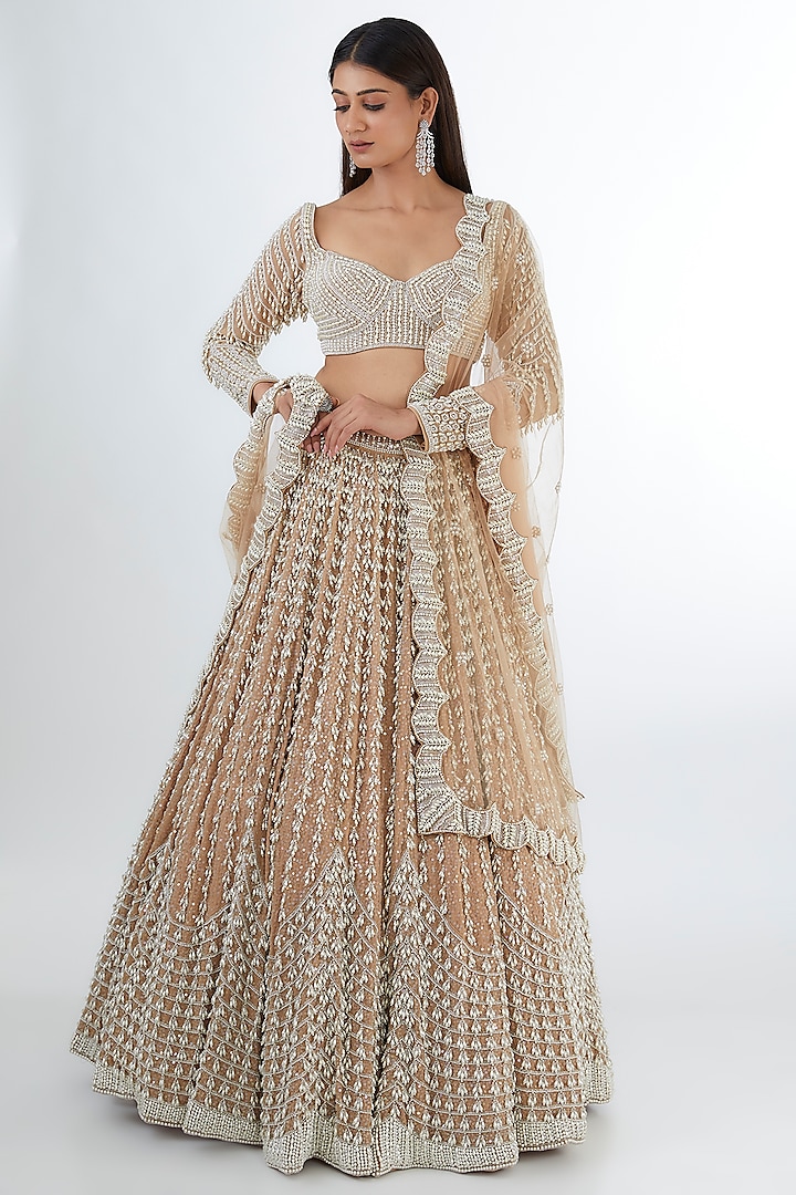 Beige Georgette Pearl Embroidered Bridal Lehenga Set by Vvani By Vani Vats at Pernia's Pop Up Shop