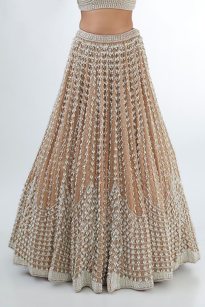 Beige Georgette Pearl Embroidered Bridal Lehenga Set by Vvani By Vani Vats at Pernia's Pop Up Shop