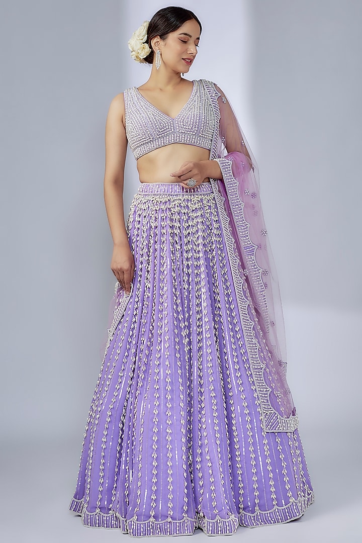 Lilac Georgette & Net Pearl Embellished Bridal Lehenga Set by Vvani By Vani Vats at Pernia's Pop Up Shop